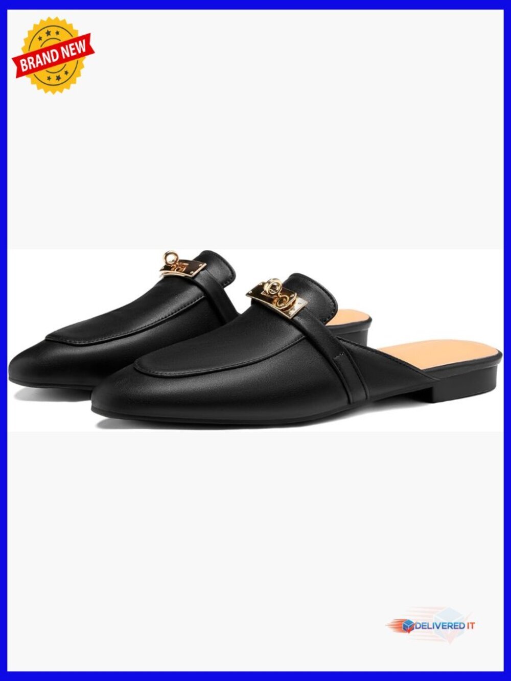 Women's Leather Mules Slip-On Flats Almond Toe Buckle Casual Dress Shoes